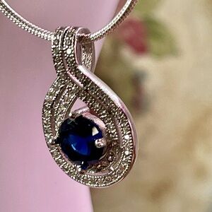 2ct Blue Sapphire and white Sapphire Silver pendant necklace
